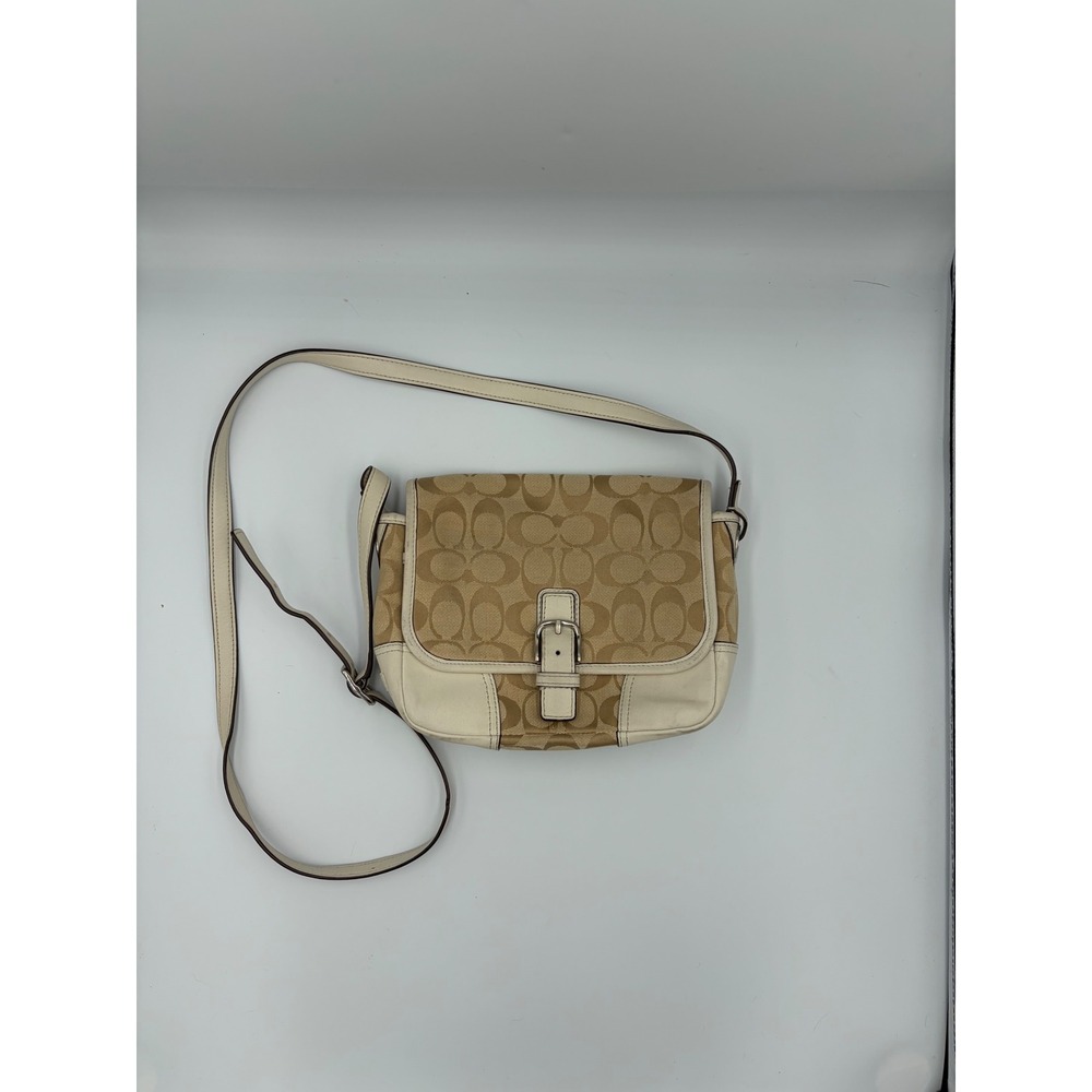 Coach Signature Khaki Canvas White Leather Crossbody Bag F30601
